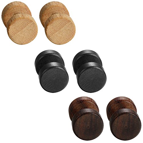Flongo Holz Ohrstecker Set - 6 Stück 10mm Knopf Ohrringe für Männer und Frauen - Gestüt Stecker in Braun Schwarz - Fake Plug Tunnel Ohrschmuck für Herren und Damen von Flongo