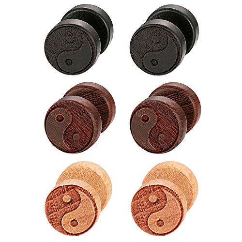 Flongo Holz Ohrstecker für Männer und Frauen - 6 Stück Knopf Ohrringe, Gestüt Stecker, Tai Chi Yin und Yang Fake Plug Tunnel Piercing Ohrschmuck von Flongo