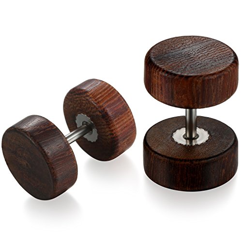 Flongo Holz Ohrstecker 10mm Knopf Männer Frauen Ohrringe holzohrringe Ohrstecker Gestüt Stecker Ohrringe Holz Fake Plug Tunnel Ohrstecker Piercing Ohrschmuck dunkel braun von Flongo