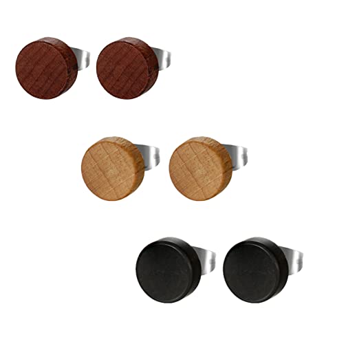 Flongo Holz Ohrstecker Ohrschmuckset, 6 Stück 10mm Stecker kleine runde Ohrringe Kaffee Braun Schwarz Fake Plug Tunnel Piercing Ohrschmuck für Männer Frauen von Flongo