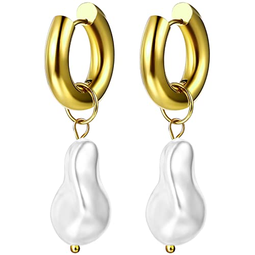 Flongo Hoop Ohrringe Perlen Gold: Damen Barocke Tropfen Ohrstecker Perlenohrringe mit hängend unregelmäßig weiß Perle Baroque Huggie Creolen Earrings Pearl Drop Edelstahl für Frauen Mädchen von Flongo