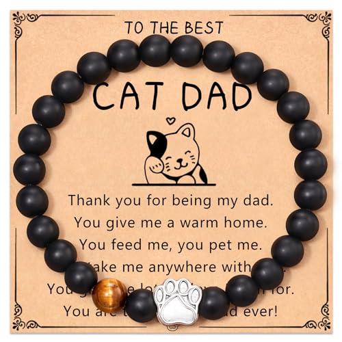 Flongo Hunde Katzen Paw Armband: schwarz Damen Katzenarmband Armbänder Naturstein Tigerauge Stein Beaded Stone Bracelet 8mm Geschenk für Cat Dog Lover Frauen Männer Glücksarmband Anti-Angst Schmuck von Flongo