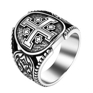 Flongo Jerusalem Kreuz Ring Herren: Kreuz Siegelring christlicher Schmuck Taufamulett Edelstahl Geschenk für katholische orthodoxe jüdische Vater Liebhaber Freund Männer62 von Flongo