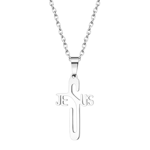Flongo Jesus Kreuz Halskette für Damen: Edelstahl Christlicher Schmuck Christliches Symbol Anhänger mit Gravur Religiöse Kette Spiritueller Schmuck Glaubensgeschenk für Frauen und Herren von Flongo