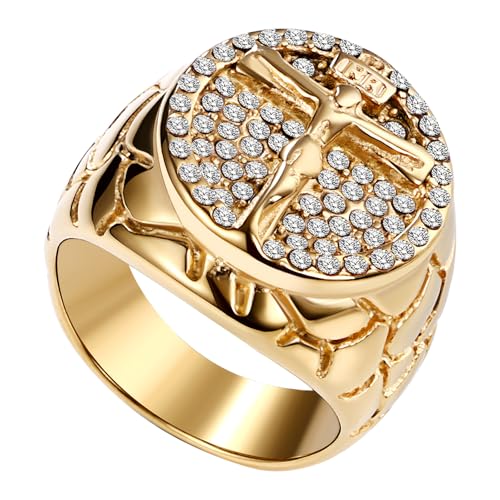 Flongo Jesus Kreuz Ring für Herren: Gold Edelstahl Vintage Religiöse Ringe Zirkonia Glitzer Siegelring Amulett Glücksbringer Schutz Weihnachten Männer Geschenke Taufe Gebet Schmuck Ringgröße 71 von Flongo