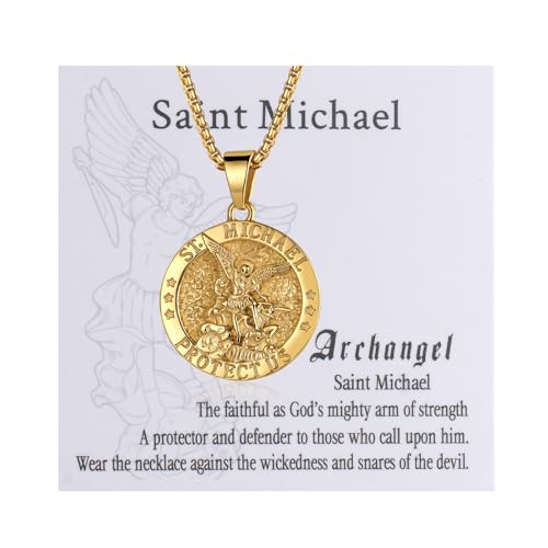 Flongo Katholische Heiliger Michael Halskette: Gold Erzengel Medaillon Anhänger Kostenlose Karte Weizen Edelstahl Kette Gravur „St. Michael Protect Us“ Religiöse Weihnachten Geschenke saint michael von Flongo
