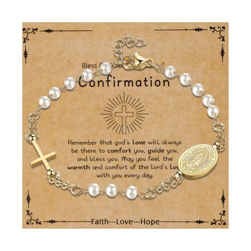 Flongo Katholisches Rosenkranz Armband für Damen : Frei Karte „Confirmation“ Religiöses Armkette mit Kreuz Anhänger Weiß Gold Perlen Jungfrau Maria Edelstahl Gebet Glaube Schutz Virgin Mary von Flongo