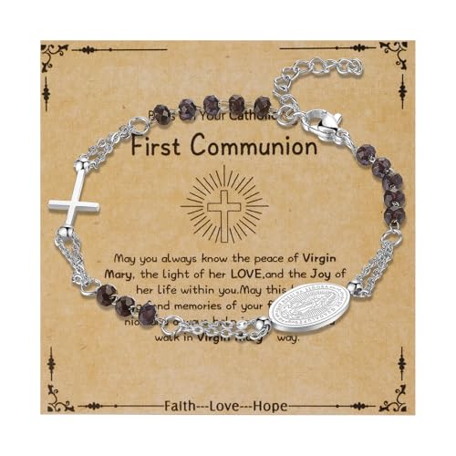 Flongo Katholisches Rosenkranz Armband für Damen : Frei Karte „First Communion“ Religiöses Armkette mit Kreuz Anhänger Schwarz Silber Perlen Jungfrau Maria Edelstahl Gebet Glaube Schutz Virgin Mary von Flongo