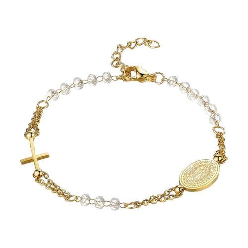 Flongo Katholisches Rosenkranz Armband für Damen : Frei Karte „First Communion“ Religiöses Armkette mit Kreuz Anhänger Transparent Gold Perlen Jungfrau Maria Edelstahl Gebet Glaube Schutz Virgin Mary von Flongo