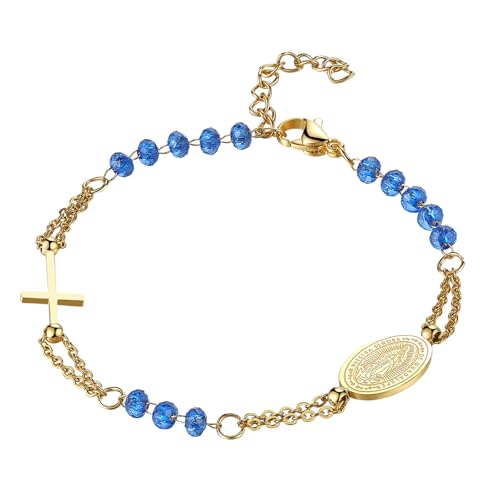 Flongo Katholisches Rosenkranz Armband für Damen : Religiöses Armkette mit Kreuz Anhänger Blau Gold Perlen Jungfrau Maria Kette Edelstahl Gebet Glaube Schutz Armreif Virgin Mary von Flongo