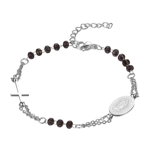Flongo Katholisches Rosenkranz Armband für Damen : Religiöses Armkette mit Kreuz Anhänger Schwarz Silber Perlen Jungfrau Maria Kette Edelstahl Gebet Glaube Schutz Armreif Virgin Mary von Flongo