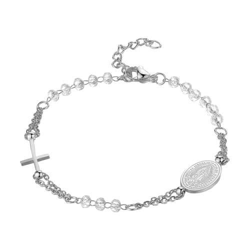 Flongo Katholisches Rosenkranz Armband für Damen : Religiöses Armkette mit Kreuz Anhänger Transparent Silber Perlen Jungfrau Maria Kette Edelstahl Gebet Glaube Schutz Armreif Virgin Mary von Flongo