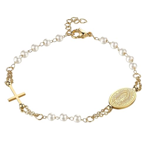 Flongo Katholisches Rosenkranz Armband für Damen : Religiöses Armkette mit Kreuz Anhänger Weiß Gold Perlen Jungfrau Maria Kette Edelstahl Gebet Glaube Schutz Armreif Virgin Mary von Flongo