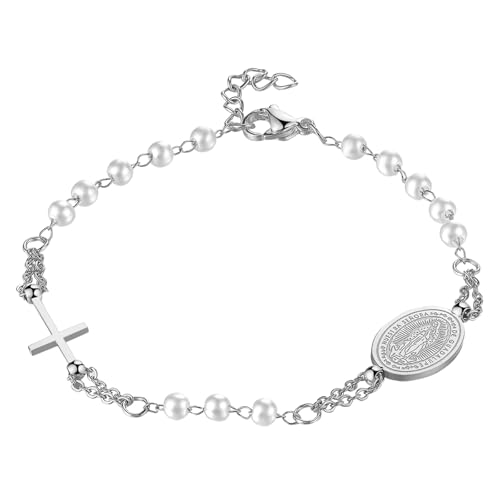 Flongo Katholisches Rosenkranz Armband für Damen : Religiöses Armkette mit Kreuz Anhänger Weiß Silber Perlen Jungfrau Maria Kette Edelstahl Gebet Glaube Schutz Armreif Virgin Mary von Flongo