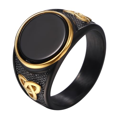 Flongo Keltischer Knoten Siegelring Herren: Wikinger Onyx Ring Edelstahl Schwarzes Gold Vintage Punk Biker rund Stempelring Wikinger Geschenke für Männer celtic knot ring Ringgröße 59mm von Flongo