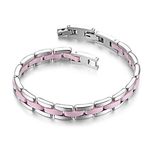 Flongo Keramik Armband Damen Pink: Porzellan silber Damenarmband Edelstahl Armbänder Armreif Armkette dünn für Frauen Männer Paar Herren Pärchen von Flongo