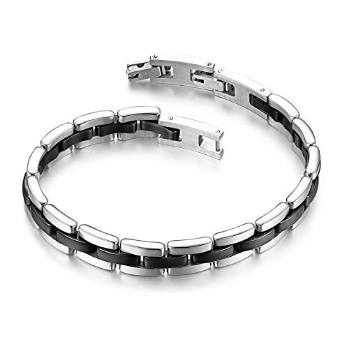 Flongo Keramik Armband Herren schwarz: Porzellan Silber Damen Pärchen Edelstahl Armbänder Armreif Armkette dünn für Frauen Männer Paar von Flongo