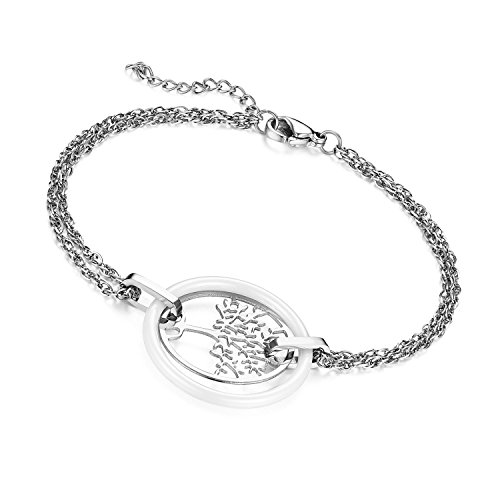 Flongo Keramik Porzellan Damen-Armband, Edelstahl Damenarmband Damenkette Armkette Armreif Weiß Silber Baum des Lebens Rund Kreis Ring Elegant Damen von Flongo