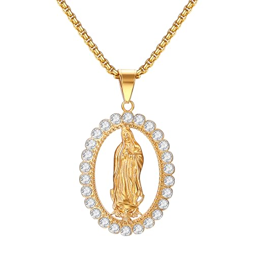 Flongo Kette jungfrau Maria gold: Halskette heilige Mary mutter gottes anhänger mit Strass Zirkonia virgen de guadalupe Oval medaille plättchen necklace edelstahl schmuck Geschenk für Damen Herren von Flongo