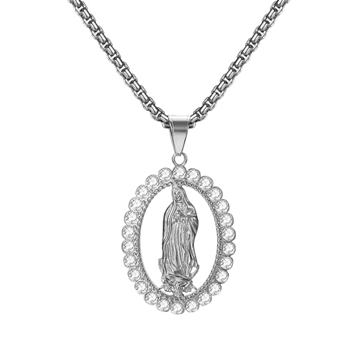 Flongo Kette jungfrau Maria silber: Halskette heilige Mary mutter gottes anhänger mit Strass Zirkonia virgen de guadalupe Oval medaille plättchen necklace edelstahl schmuck Geschenk für Damen Herren von Flongo