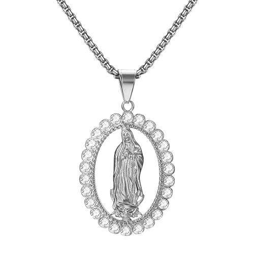 Flongo Kette jungfrau Maria silber: Halskette heilige Mary mutter gottes anhänger mit Strass Zirkonia virgen de guadalupe Oval medaille plättchen necklace edelstahl schmuck Geschenk für Damen Herren von Flongo