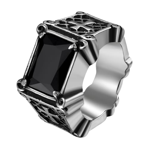 Flongo Kreuz Achat Siegelring für Herren: Edelstahl Schwarz Onyx Quaderring Edelstein Vintage Punk Biker mit großen Kristallen Ring Knöchelring band Ring Ritter Vatertag Weihnachten Mann Geschenk von Flongo