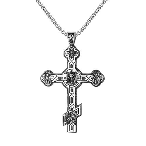 Flongo Kreuz Anhänger Halskette für Herren: Edelstahl Orthodoxe Kreuz christliche religiöse Kette Russisch Orthodoxe Amulett Taufe Kommunion Geschenk Doppelseitige Jesus Gebete Weihnachten Halloween von Flongo