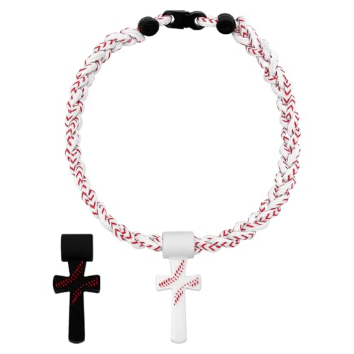 Flongo Kreuz Anhänger Halskette für Jungen: Schwarzes Dreifach Tornado Seil - Sportliche Baseball Kette mit Motivations-Inschrift I CAN DO ALL THINGS PHL4:13" - Silikon & Seil - 8-12 Jahre von Flongo