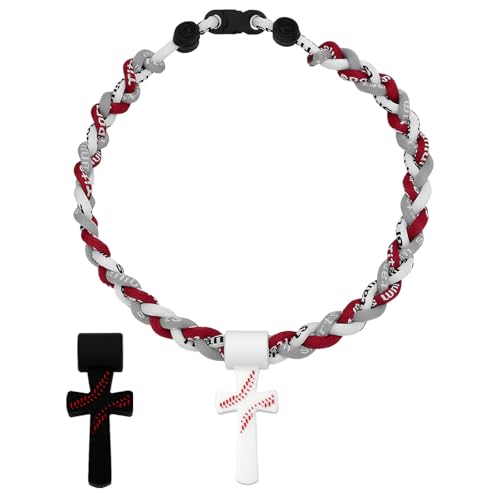 Flongo Kreuz Anhänger Halskette für Jungen: Weiß Dreifach Tornado Seil - Sportliche Baseball Kette mit Motivations-Inschrift I CAN DO ALL THINGS PHL4:13" - Silikon & Seil - 8-12 Jahre von Flongo