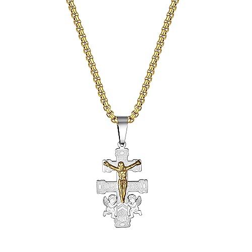 Flongo Kreuz Halskette mit Caravaca Doppelkreuz Jesus Engel Anhänger silber Kette Edelstahl Kruzifix Cross Necklace Amulett Vintage Christlicher Schmuck für Damen Herren von Flongo