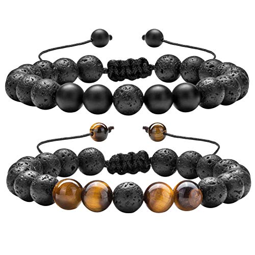 Flongo Lava Energiearmband Yoga Armband Wickelarmband Partnerarmbänder BFF Armband Freundschaftsarmband für 2 Aroma Aromatherapie Rosenkranz Healing Reiki Lavastein für Herren Damen verstellbar von Flongo