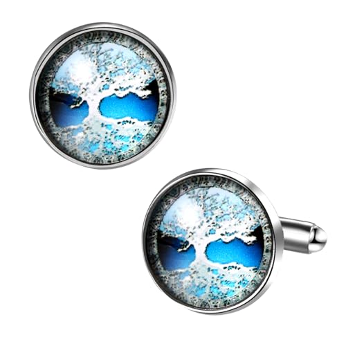 Flongo Lebensbaum Manschettenknöpfe für Herren: Blau Silber Baum des Lebens Design Edle Hemdknöpfe aus Metall mit Kunstharz Geschenk für Männer Business Hochzeit Anzug Accessoire von Flongo
