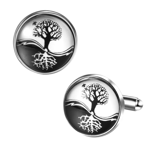 Flongo Lebensbaum Manschettenknöpfe für Herren: Schwarz Weiß Silber Baum des Lebens Design Edle Hemdknöpfe aus Metall mit Kunstharz Geschenk für Männer Business Hochzeit Anzug Accessoire von Flongo