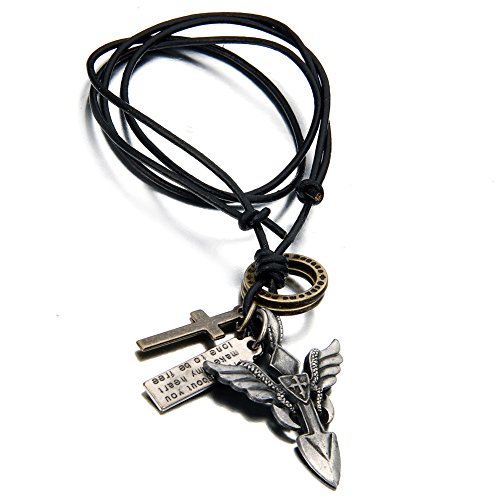 Flongo Leder Anhänger Halskette Bronze Silber Schwarz Armee Tag Schrift Tag Ringe Jesus Christus Kruzifix Kreuz Flügel Engelflügel Retro Einstellbar Verstellbaren Herren, Damen 40-80cm Kette von Flongo
