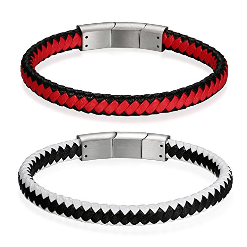 Flongo Leder Armband, 2 Stück Edelstahl Leder-Armband Armreif Lederarmband Manschette Silber Schwarz Rot Weiß Surfer Wickeln Kette Magnet Schließe Verstellbar Verschluss Damen, Herren Set von Flongo