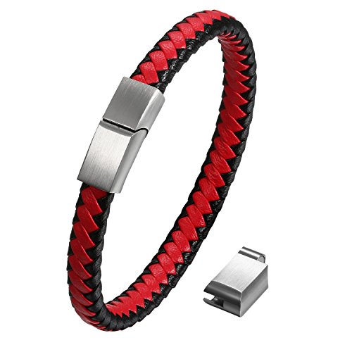 Flongo Leder Armband, Edelstahl Leder-Armband Armreif Lederarmband Manschette Silber Schwarz Rot Surfer Wickeln Kette Magnet Schließe Verstellbar Verschluss Herrenarmband Damenarmband von Flongo