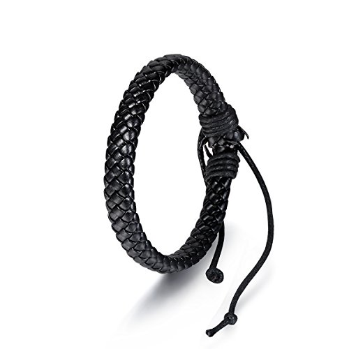 Flongo Leder Armband Armreif Manschette Seil Schwarz Kariert Geflochten Einfach Klassiker Verstellbaren Passen 8~11 Zoll Herren,Damen von Flongo