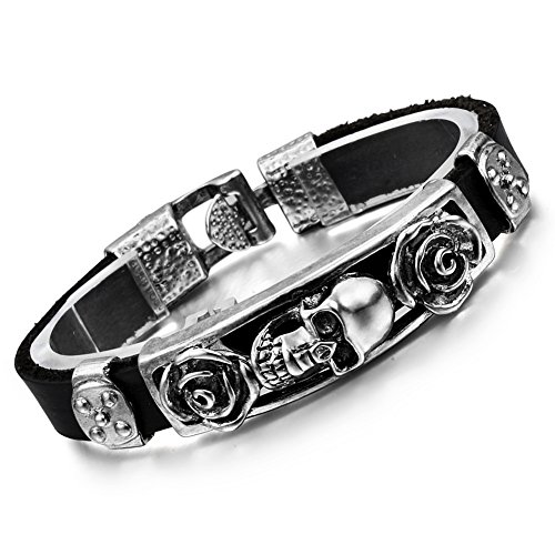 Flongo Leder Armband Armreifen Manschette Schwarz Silber Manschette Schädel Totenkopf Skelett Rose Rosen Retro Motorradfahrer Biker Herren,Damen Flongo Leder Armband Armreifen Manschette Schwarz Silber Manschette Schädel Totenkopf Skelett Rose Rosen Retro Motorradfahrer Biker Herren,Damen von Flongo