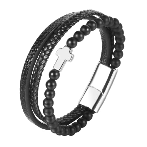 Flongo Leder Armband Herren Kreuz: Naturstein Lederarmband Perlen schwarz Silber mehrschichtig Cross anhänger Bracelet Men Kugel Jesus schmuck glücksbringer Geschenk für Männer Damen Weihnachten von Flongo