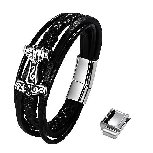 Flongo Leder Armband Herren Thors Hammer Wikinger Lederarmband schwarz Silber Edelstahl Mjölnir Gravur Kette Viking Leather schmuck mehrschichtig geflochten Lederband für Männer Damen mit Geschenkbox von Flongo