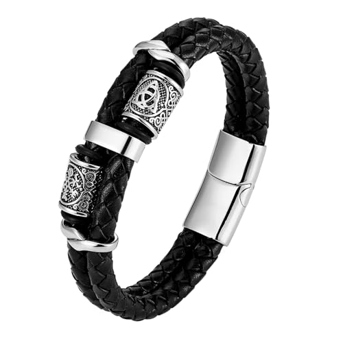 Flongo Leder Armband Herren Wikinger: Thors Hammer Dreieck Lederarmband schwarz silber Edelstahl Mjölnir Gravur Kette Viking leather schmuck geflochten mehrschichtig Lederband für Männer Damen von Flongo