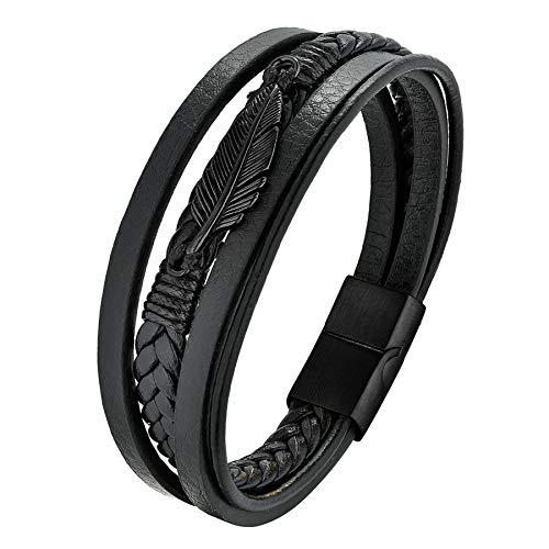 Flongo Herren Lederarmband mit Feder Blatt Laub Edelstahl Geflochten Premium Leder Armband Punk Partnerarmband BFF Freundschaftsarmband Armreif Damen Frauen Männer Magnet Schließe Geschenk schwarz von Flongo