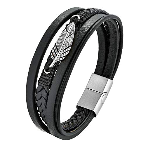 Flongo Herren Lederarmband mit Feder Blatt Laub Edelstahl Geflochten Premium Leder Armband Punk Partnerarmband BFF Freundschaftsarmband Armreif Damen Frauen Männer Magnet Schließe Geschenk Silber von Flongo