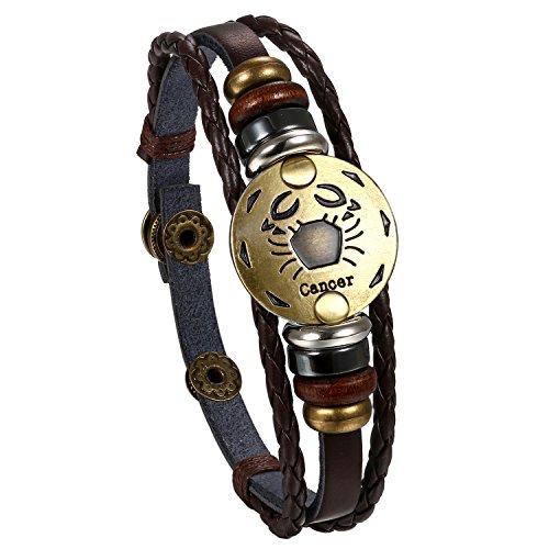 Flongo Leder Echtleder Armband Armreif Lederarmband Geflochten Braun Bronze Krebs Sternzeichen Horoskop Tierkreis Sternbild Kugel Perle Surfer Wickeln Einstellbar Verstellbar Herren,Damen von Flongo