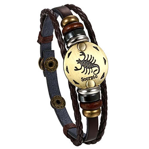 Flongo Leder Echtleder Armband Armreif Lederarmband Geflochten Braun Bronze Skorpion Sternzeichen Horoskop Tierkreis Sternbild Kugel Perle Surfer Wickeln Einstellbar Verstellbar Herren,Damen von Flongo