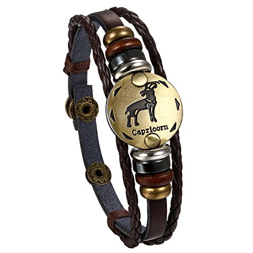 Flongo Leder Echtleder Armband Armreif Lederarmband Geflochten Braun Bronze Steinbock Sternzeichen Horoskop Tierkreis Sternbild Kugel Perle Surfer Wickeln Einstellbar Verstellbar Herren,Damen von Flongo