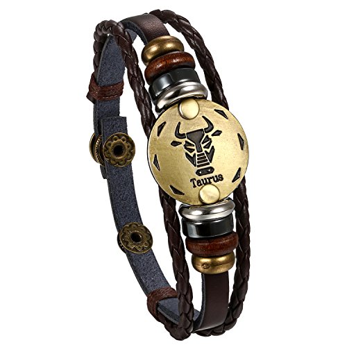 Flongo Leder Echtleder Armband Armreif Lederarmband Geflochten Braun Bronze Stier Sternzeichen Horoskop Tierkreis Sternbild Kugel Perle Surfer Wickeln Einstellbar Verstellbar Herren,Damen von Flongo