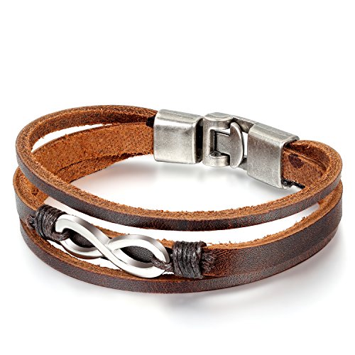 Flongo Lederarmband Partnerarmbänder Freundschaftsarmbänder, Leder Armband Armreif Kordelkette Schwarz Braun Silber Infinity Unendlichkeit Ewigkeit Lieben Zeichen Symbol 8 Herren,Damen von Flongo