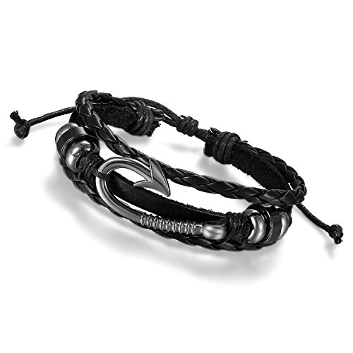 Flongo Leder Echtleder Armband Armreif Lederarmband Kordelkette Schwarz Silber Fisch Haken Angelhaken Segeln Nautisch Wickeln Surfer Herren,Damen von Flongo