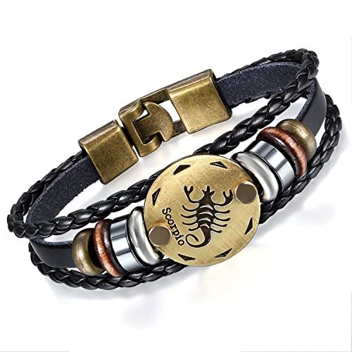 Flongo Lederarmband Horoskop Armband Damen Armkette Herren Armreif, Leder-Armband Armreif Manschette Manschettenknopf Schwarz Gold Golden Horoskop Tierkreis Sternzeichen Sternbild Skorpion von Flongo